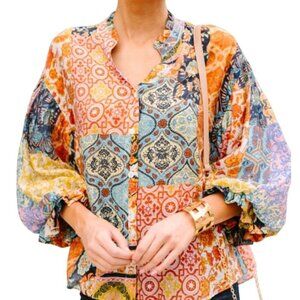 Anthropologie | Fate Soul Searching Puffed Sleeve Patchwork Art Blouse Size M